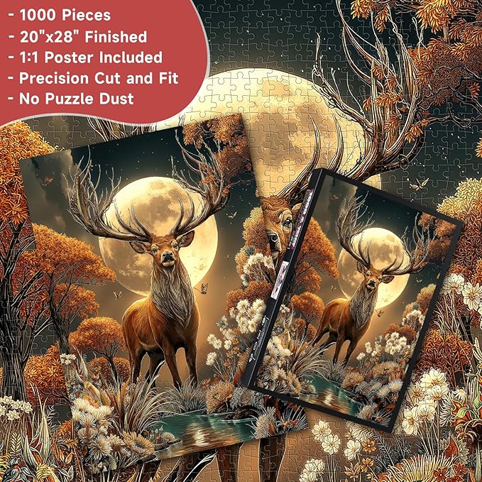 Majestic Moonlit Stag 1000 Piece Puzzle for Adults - Autumn Forest Wildlife Art, Tranquil Stream Scene, Poster & Lettered Back, 20"x28" HD, Gift for Nature Lovers