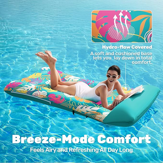 SLOOSH Inflatable Pool Floats Lounger - XL Fabric Covered Pool Mat Floaties for Adults, Ultra Comfort Water Floating Lounger with Headrest for Beach Lake Swimming Pool Float Raft 68"X34"