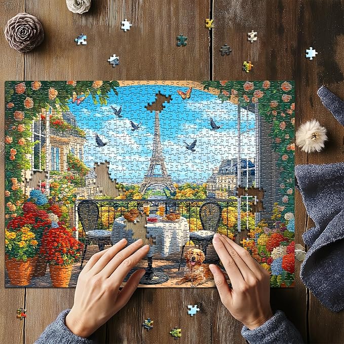 Paris Jigsaw Puzzles 1000 Pieces, Flower Landscape Scenery Puzzle Features Bird Dog Cat Butterfly, Eiffel Tower Nature Scenic Floral Challenge for Adults