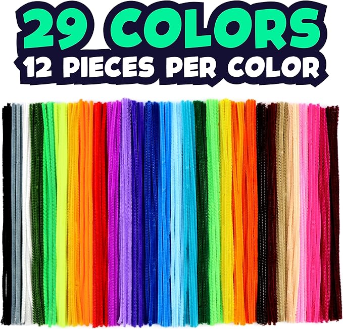 348 Pipe Cleaners Plus 48 Googly Eyes - Colored Chenille Stems for Kids Craft - Fuzzy Stems in 29 Colors