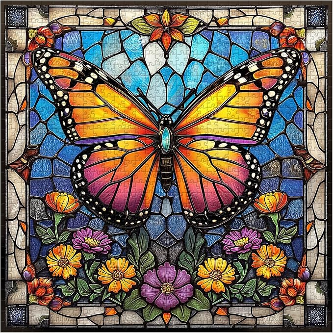 Butterfly Puzzles for Adults 1000 Pieces and up, Stained Glass Puzzle with Butterfly Flowers, PICKFORU Colorful Wall Art Puzzles as Home Decor