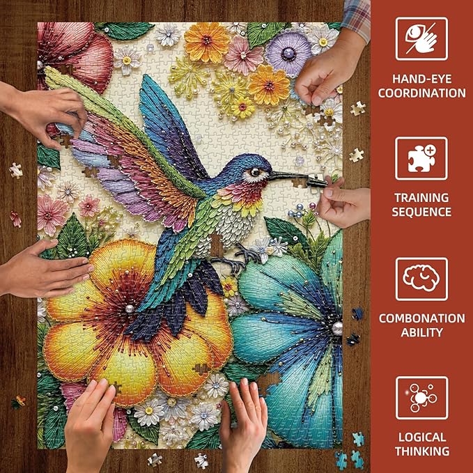 Beaded Hummingbird 1000 piece Puzzle for Adults, Sutinban Hummingbird Floral Jigsaw Puzzles, Nature Jewel Art Impossible Puzzle 1000 Pieces, Colorful Challenging Puzzles for Adults and Family Senior