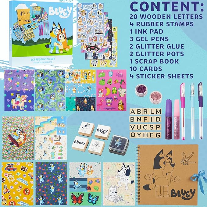 Bluey Scrapbook Kit for Kids with Scrapbooking Supplies Stamp Glitter Glue DIY Photo Album Art Kit Cute Stationary for Kids Gifts for Girls and Boys (Multi Scrapbook)