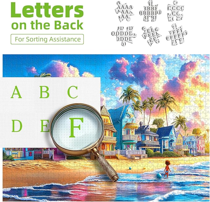 Colorful Beach Houses 500 Piece Jigsaw Puzzles for Adults Tropical Coastal Scene with Palm Trees Sunset Ocean Waves Puzzle with Letters on Back for Adults Teens Seniors Family Puzzle(23"x15")