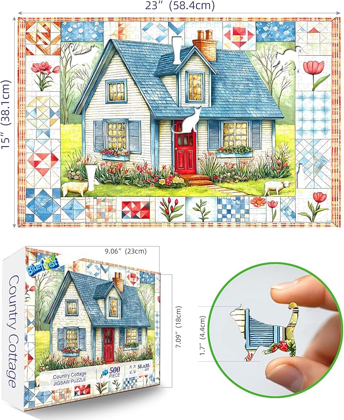 Blueforest Cottage Bloom Puzzles for Adults 500 Pieces,Challenging Jigsaw Puzzles for Adults,Country House Garden Puzzle for Family Game Night,Puzzle with Letters on Back,Recycled Paper Jigsaw Puzzle