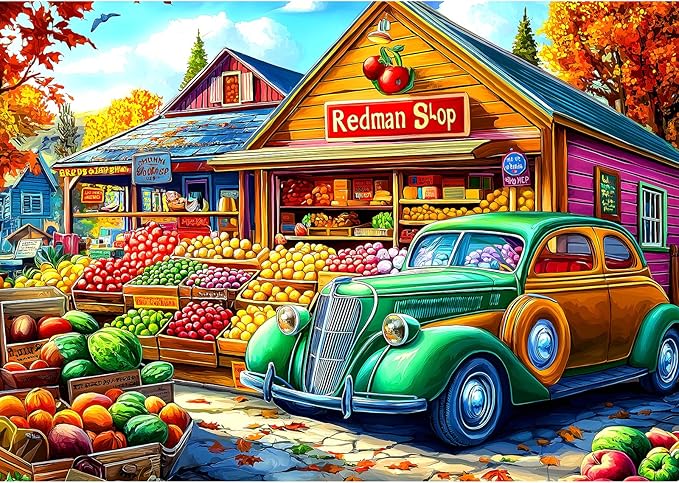 MINIWAN Vintage Autumn Country Farmers Market Puzzles for Adults 1000 Pieces, Fall Fruit Stand with Vintage Car Jigsaw Puzzle, Gift for Country Life & Food Lovers 27.5x19.7 Inch