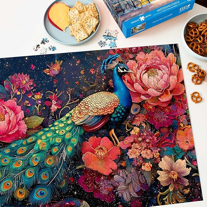 Bimkole Peacock Puzzles for Adults 1000 Pieces, Flower Paper Jigsaw Puzzle 1000 Pieces - Fun and Challenging Family Decoration Puzzle Great Gift Idea, Finished Size is 31.5 x 16.14 in