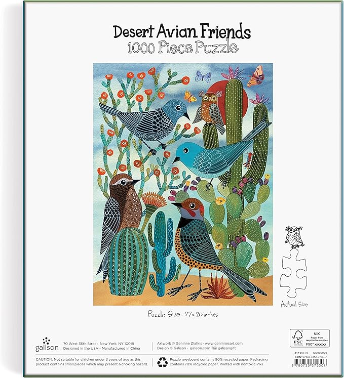 Galison Desert Avian Friends 1000 Piece Puzzle from Galison - 20" x 27" Beautifully Illustrated Puzzle from Geninne Zlatkis, Thick & Sturdy Pieces, Challenging Activity for Adults, Unique Gift Idea!