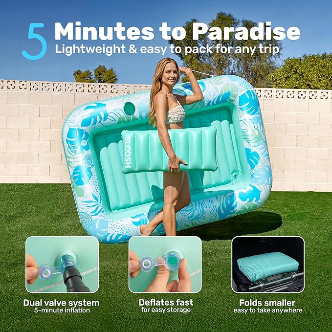 SLOOSH Inflatable Tanning Pool Lounger Float, 70" x 46" Pool Floats Adult with Pillow, 4 in 1 Suntan Tub Raft Floatie,Sunbathing Bed Lounge for Water Blow Up Kids Ball Pit Party Gifts, L-Cyan White