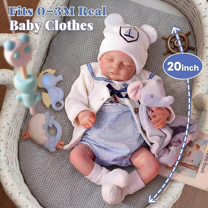 JIZHI Reborn Baby Dolls Boy - 20 Inch Cute Soft Realistic Newborn Baby Doll with Poseable Body, Real Life Baby Dolls with Accessories for 3+ Year Old Gifts, Pretend Play