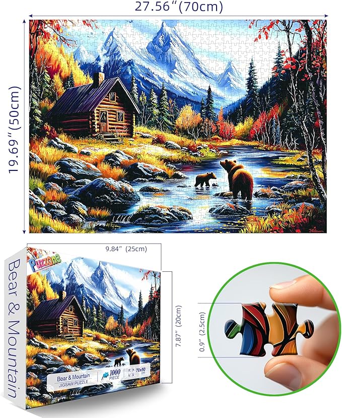 Puzzles for Adults 1000 Pieces, Mountain Escape - Fall Landscape with Bears Cabin & Snow Peaks Jigsaw Puzzle for Adults and Teens Family Challenging for Game Nights (27.5 x 19.7 Inch)