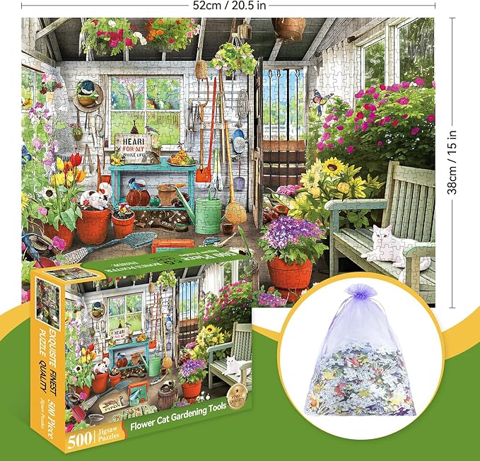 Jigsaw Puzzle, 500 Piece Jigsaw Puzzle for Adults Kids, Garden Cat Flowers Puzzle 500 Pieces, Birthday for Family Game Nights, Finished Size 20.5 x 15 in