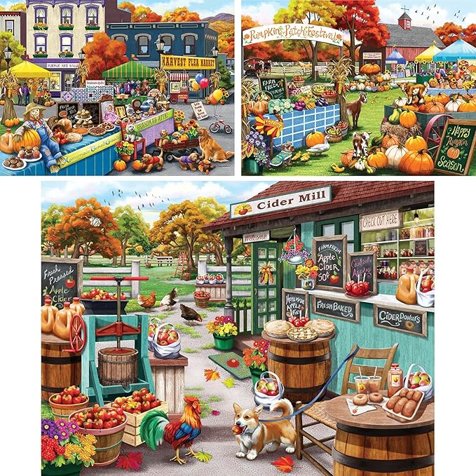 Bits and Pieces – Value Set of Three 500 Piece Jigsaw Puzzles for Adults – Harvest Flea Market, Pumpkin Festival, Visiting The Cider Mill Artist Nancy Wernersbach, Completed Puzzle Size: 18" x 24"