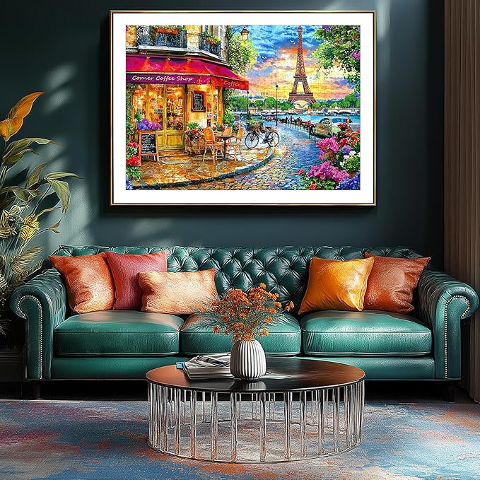 Paris Street 500 Piece Jigsaw Puzzle for Adults & Seniors, Eiffel Tower Cafe Scene Sunset, Romantic Parisian Landscape Travel Art, Family Puzzle with Letters on Back(23" x 15")
