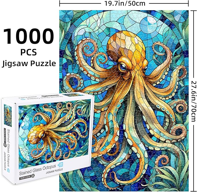 Sutinban Stained Glass Octopus Puzzle 1000 Pieces, 1000 Piece Puzzle for Adults, Coolest Adult Jigsaw Puzzle for Sea Creatures Lovers, Great Gift for Family, 27.5’’x19.7’’