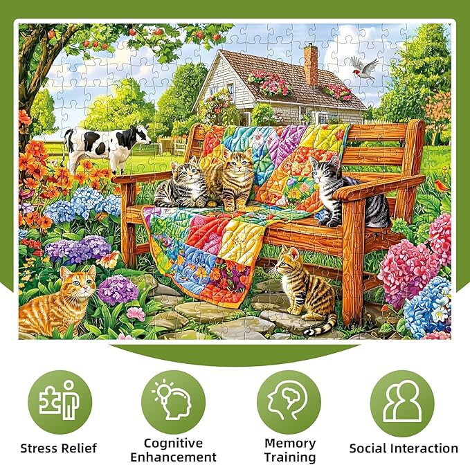 300 Pieces Puzzles for Adults,Cats Cow Animal Puzzle for Adults,300 Pieces Puzzles for Seniors Large Piece,Quilt House Jigsaw Puzzle for Kids Ages 8-10,Challenging Family Game, 20.5x15 in