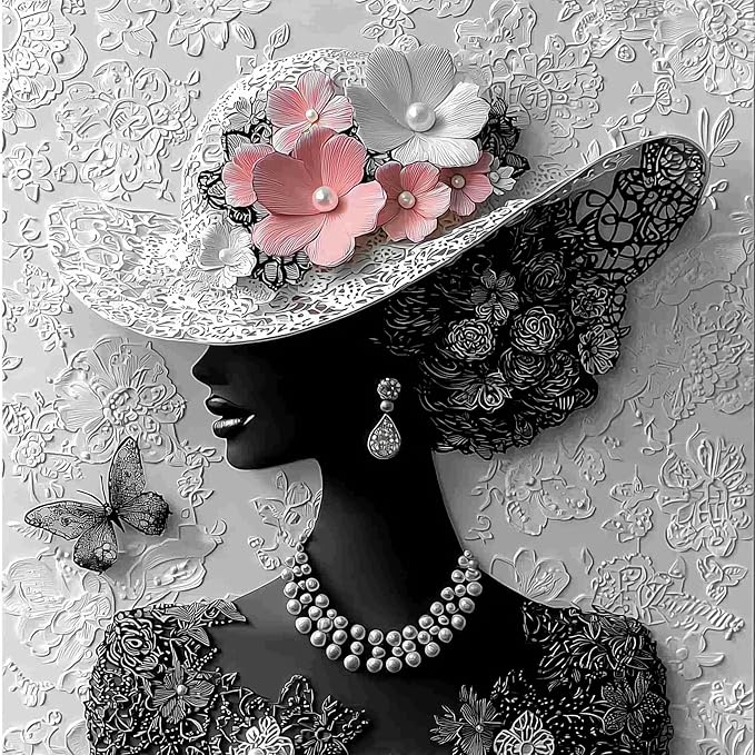 Elegant Woman with Floral Hat 500 Piece Jigsaw Puzzle for Adults, Black and White with Pink Flowers, 20 x 20 Inches Vintage Artwork for Home Decor, Perfect for Stress Relief