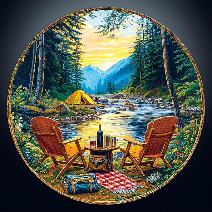 Round Jigsaw Puzzle 1000 Pieces - Scenic Mountain Camping Design - 26.6" Circular Challenge, Wilderness Landscape Art, Mindful Activity Gift for Nature Lovers