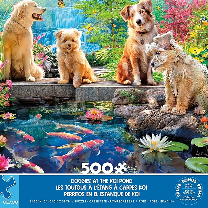 Ceaco - Doggies at the Koi Pond Puzzle 500 Pieces - Jigsaw Puzzles for Adults - Angelo Bonito - Bonus Poster - Made in USA - Recycled Materials - 21.25 x 15 Puzzle