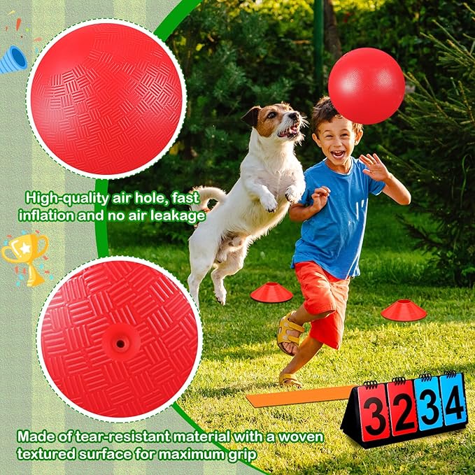 Jenaai 18 Pcs Sports Kickball Set Includes Playground Ball 5 Rubber Throw Down Bases Ball Pump Scoreboard Net Bag 10 Foul Line Cones for Adults Playground Backyard Game (10 Inch,Red)