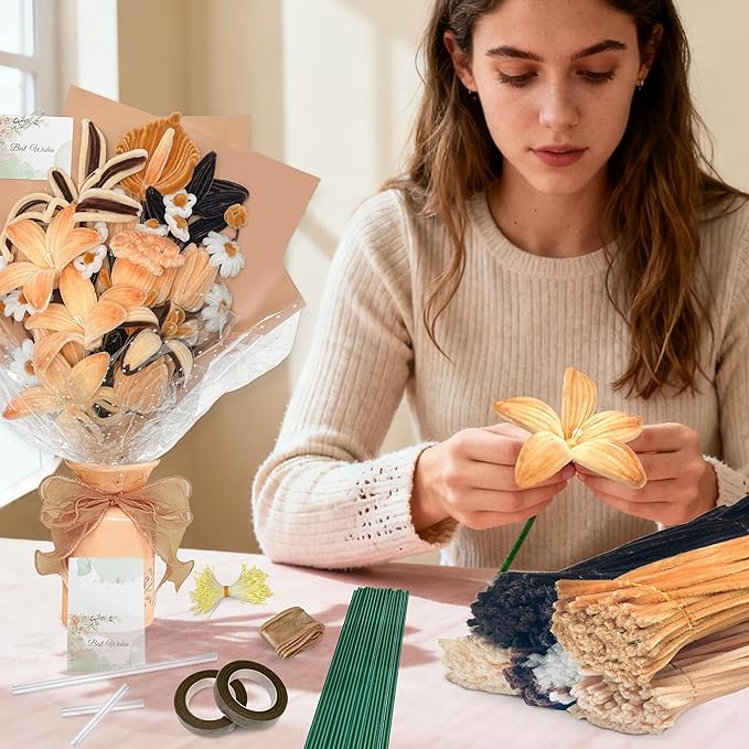 LINAYE 500 PCS Pipe Cleaners Craft, 6 Colors Pipe Cleaners Flowers Kit, Chenille Stems for Crafts with Instruction Wrapping Paper, Flower Stamens, Stems Art and Craft Supplies Brown