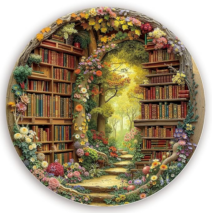 Round Jigsaw Puzzle 1000 Pieces - Enchanted Forest Library Design - 26.6" Circular Challenge, Book Lovers Aesthetic Decor, Mindful Activity Gift for Adults & Teens