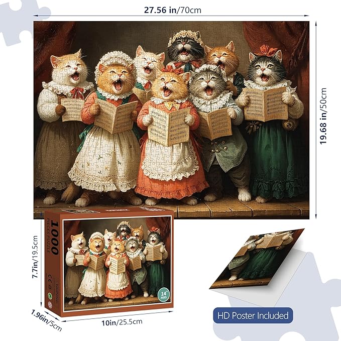1000 Piece Puzzle for Adults, Challenging Vintage Cat Choir Jigsaw Puzzles, Premium Matte Finish, 27.56 x 19.68 Inches, Perfect for Game Nights