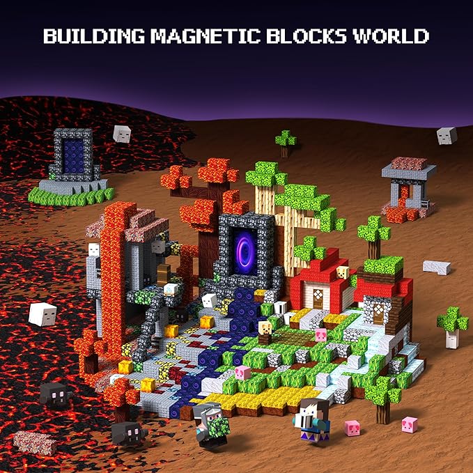 Magnetic Blocks 200 PCS Magnet Building Blocks Cubes Sensory Toys for 3-12 Years Old Gamer Player Kids, Stacking Magnets Birthday Christmas Graduation Gift Set, 0.8 Inch Block, Nether and Overworld