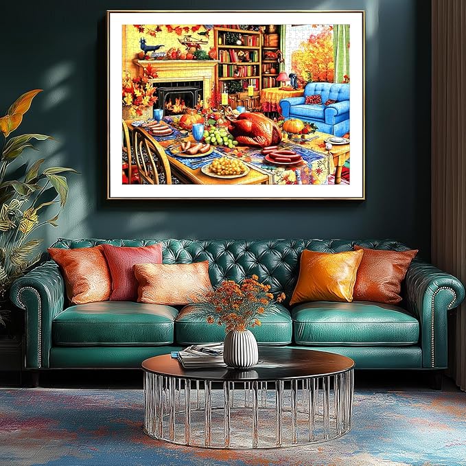 500 Pieces Thanksgiving Dinner Puzzle for Adults Autumn Living Room Scene with Roast Turkey & Fall Thanksgiving Table Decorations Cozy Holiday Family Game Gift - 23x15 Inch