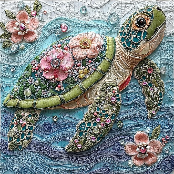 Sea Turtle Puzzles for Adults 1000 Pieces, Beautiful Diamonds Flower Sea Animal Jigsaw Puzzle with Letters on Back, Impossible Hard Difficult Art Puzzles, Fun Challenging Embroidery Family Puzzle Game