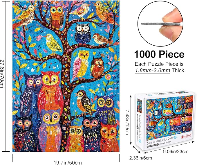 Rocorose Owl Jigsaw Puzzles for Adults 1000 Pieces, Colorful Habitat for Owls Puzzle Bird Nature Animal Challenging Puzzles for Game Nights Home Decor