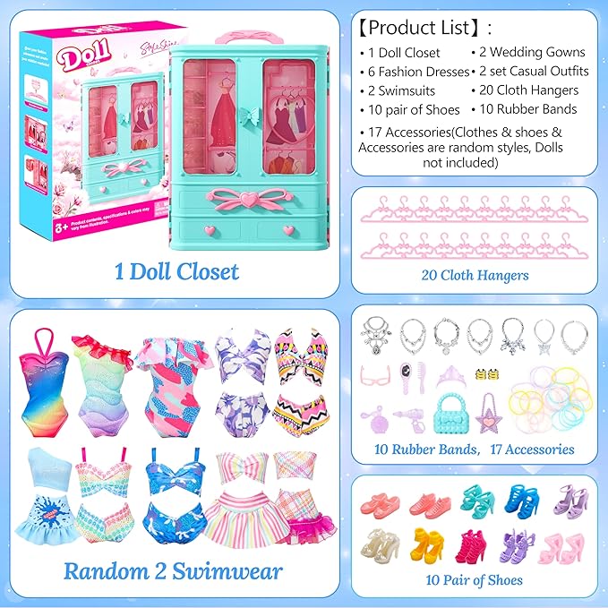 Style Shine 70 Pcs Closet Playset with Clothes & Accessories,2 Wedding Gowns 2 Casual Outfits 6 Fashion Dresses 2 Swimsuit 10 Shoes 27 Accessories 20 Hangers,Toys for Girls Kids Gifts