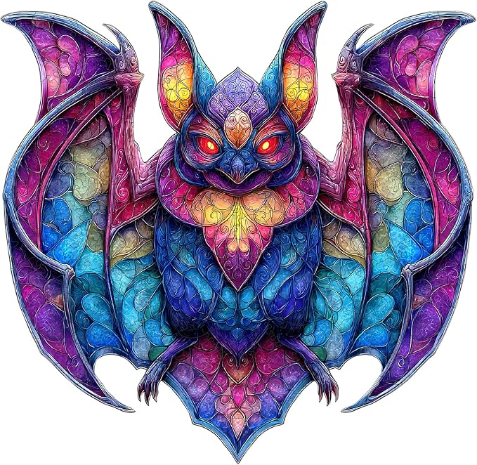 MEATRN Wooden Puzzles for Adults - Stained Glass Bat Wood Puzzles Adult, Unique Irregular Shape Animal Puzzle, Relaxing Family Game, Festival Decorative Gift for Kids, 198 Pcs, 11.4x11.1 in