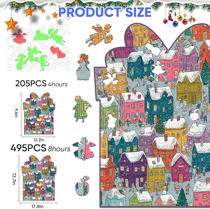 Mocfesk Winter Wooden Puzzles for Adults and Kids, Holiday Snow Building Jigsaw Puzzles, Unique Shaped Christmas Wood Puzzles Gifts for Grandkids, Family Game Home Decor 205 Pieces 9.4'' x 12.2''
