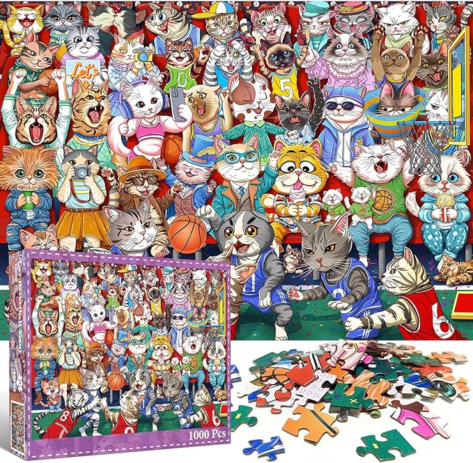 Puzzles for Adults 1000 Pieces, Cat Basketball Fun Jigsaw Puzzles Challenging Game, Puzzles Interlock Perfectly No Dust, for House Decoration, Party Toy for Parents
