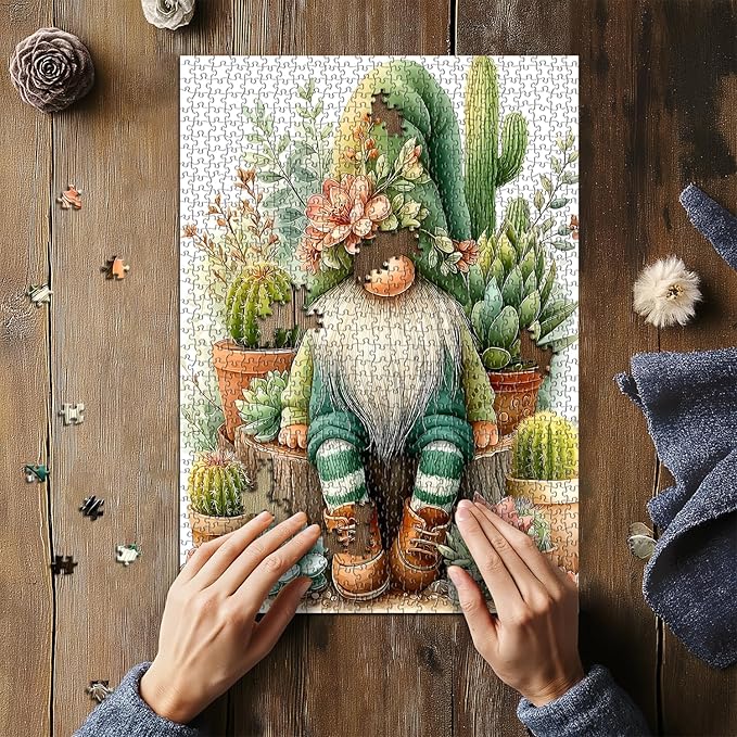 Cactus Gnome Puzzles for Adults 1000 Pieces Funny, Spring Succulent Plant Garden Cute Gnome Jigsaw Puzzles, Nature Flower Themed Challenging for Adults