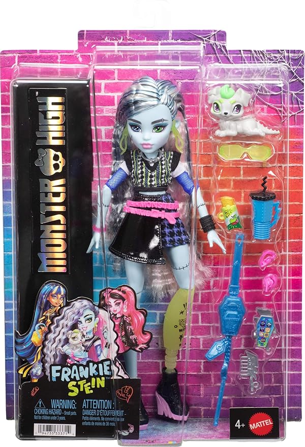 Monster High Doll, Frankie Stein in Cropped Sweater and Black Pleather Skirt with Pet Dog Watzie and 7 Accessories Like Earphones, Belt Bag and Snacks