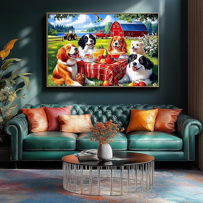 Spring Dogs Farm Picnic 500 Piece Puzzle for Adults, Fun Puzzles for Adults 500 Pieces with HD Print & Poster, 23" X 15" Dust Free, for Gifts Halloween Christmas Family Games Lovers