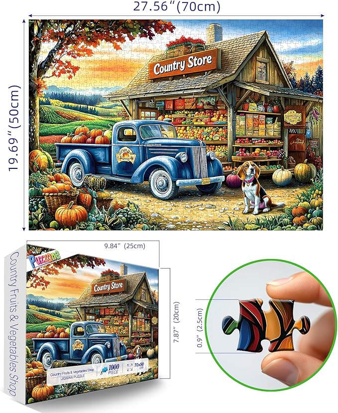 Puzzles for Adults 1000 Pieces, Country Store Fall Puzzles 1000 Pieces Pumpkins Fruits and Vegetables with Vintage Truck Rustic Jigsaw Puzzle for Adults Challenging Game, 27.5 x 19.7 Inches