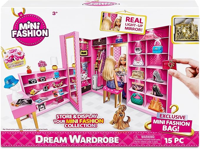 Mini Brands Mini Fashion Dream Wardrobe by ZURU with Exclusive Metallic Mini Fashion Bag and 25+ Storage Areas to Hold Doll Accessories Gift