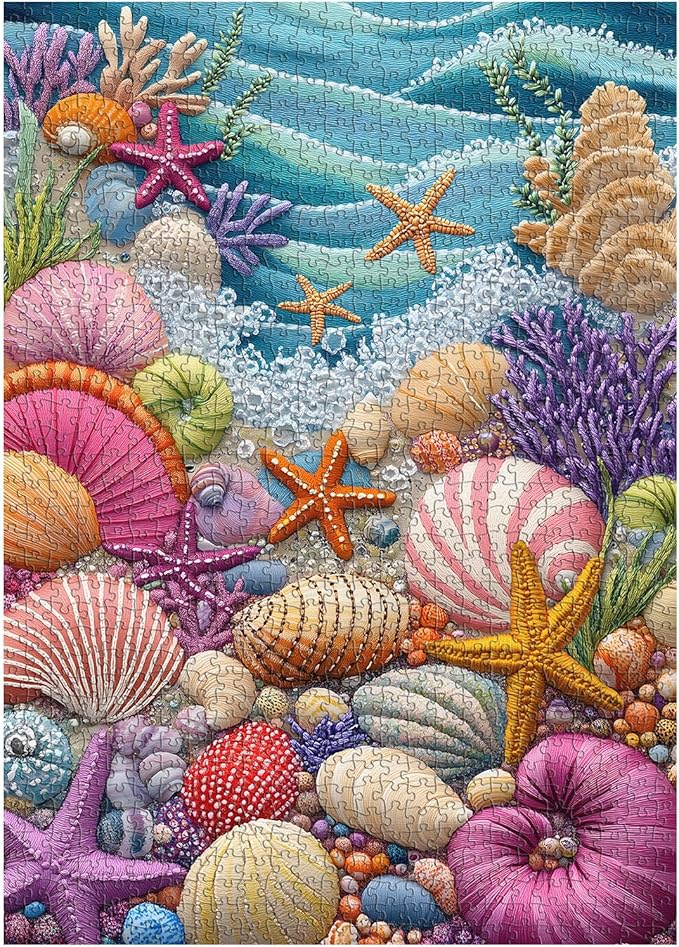 PICKFORU Beach Puzzles for Adults 1000 Pieces, Colorful Seashells Puzzle Sea Coral Starfish，Impossible Ocean Jigsaw Puzzles as Home Art