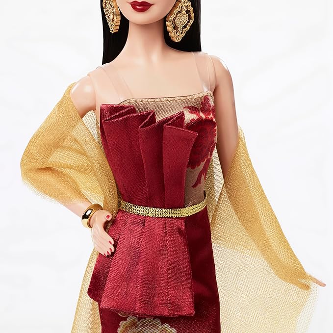 Barbie Signature Lunar New Year Fashion Doll Wearing Red Dress with Golden Peony Print, Collectible Holiday Toy