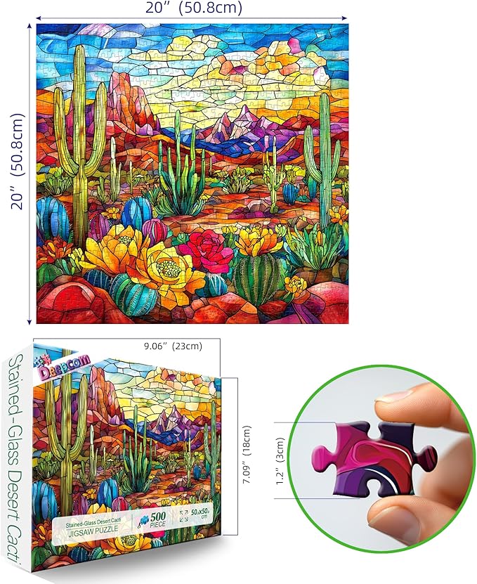 Stained Glass Desert Landscape Jigsaw Puzzle for Adults 500 Piece, Colorful Cactus and Mountain Scene Difficult Puzzles Perfect for Game Night, Gift for Nature Lover, Relaxing & Decor, 20x20 in