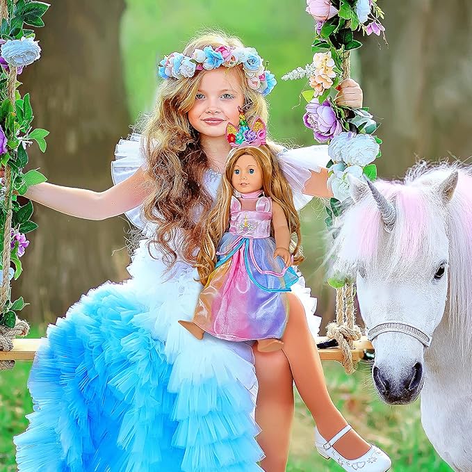 WONDOLL American 2-Sets 18-inch Doll Clothes Set - Amazing Rainbow Unicorn Clothes with Hair Clip and Headband - Compatible with All 18 inch Dolls Accessories for Kids -Pink（no Doll）