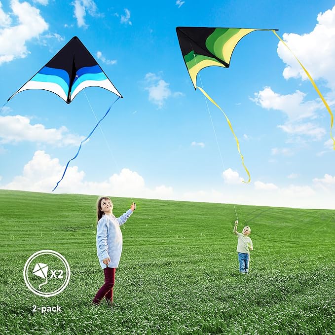 SYNCFUN 2 Packs Large Delta Kite Gradient Green and Blue– Easy to Fly for Kids and Adults, Beach Kite with 328 ft String for Outdoor Games and Activities