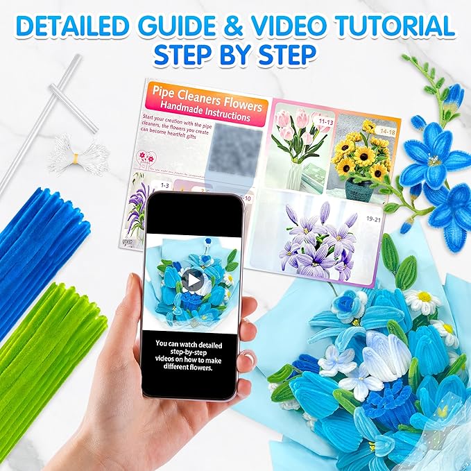 LINAYE 500 PCS Pipe Cleaners Craft, 6 Colors Pipe Cleaners Flowers Kit, Chenille Stems for Crafts with Instruction Wrapping Paper, Flower Stamens, Stems Art and Craft Supplies Blue