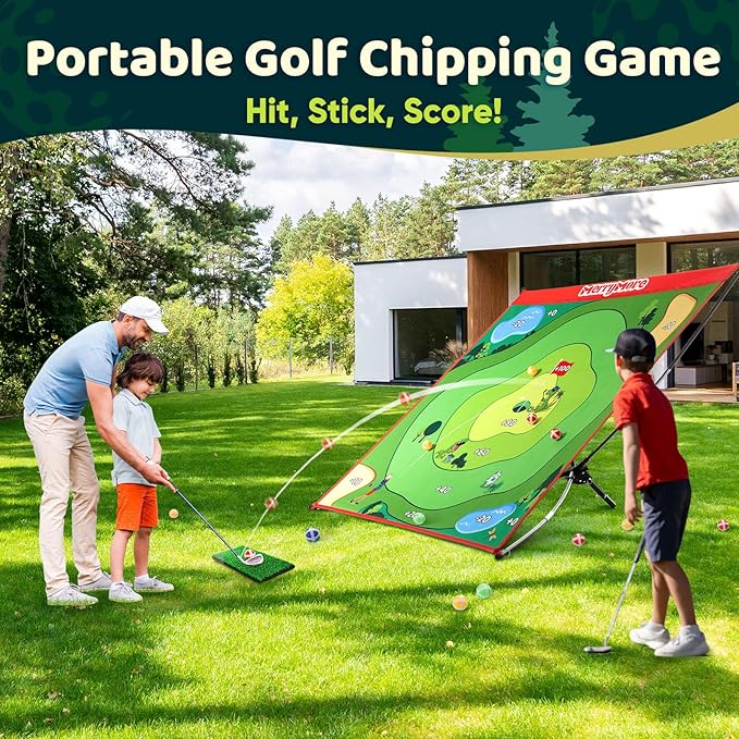 Golf Chipping Game Set : Portable 6-Angle Adjustable Practice Mat Set with 20 Sticky Balls for Indoor Outdoor Family Fun (Golf Club Not Included)