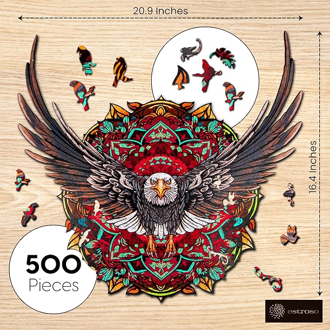 ESTROSO Wooden Puzzles for Adults - Bald Eagle Mandala 500 Piece Wooden Jigsaw Puzzle - 20.9x16.4 Inches - Giftable Wooden Box and Carrying Bag - Challenging Wooden Jigsaw Puzzles