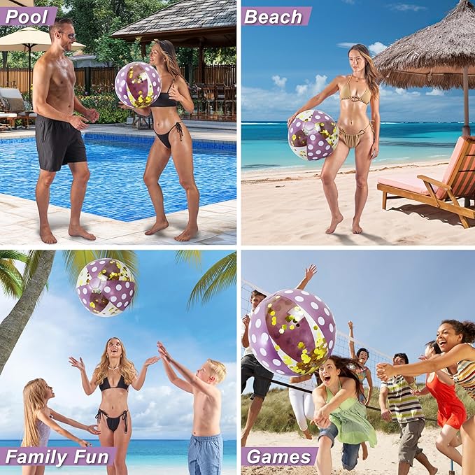 POZA Inflatable Beach Balls - Elegant Glitter Confetti Premium Floaters, Heavy Duty Vinyl Floatation Pool Toys for Pool Beach Party, UV Resistant Pool Décor
