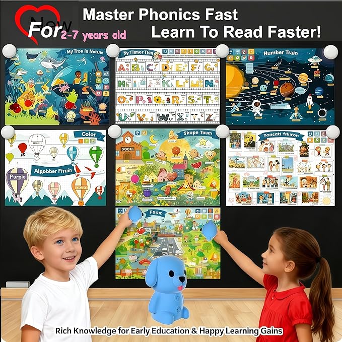 Interactive Talking Dog Pen with Posters | Upgraded Talking Flash Cards - Phonics Learn to Read Toys for 3-6 Year Olds - Preschool Educational Aids for Boys & Girls (Phonic-Poster)